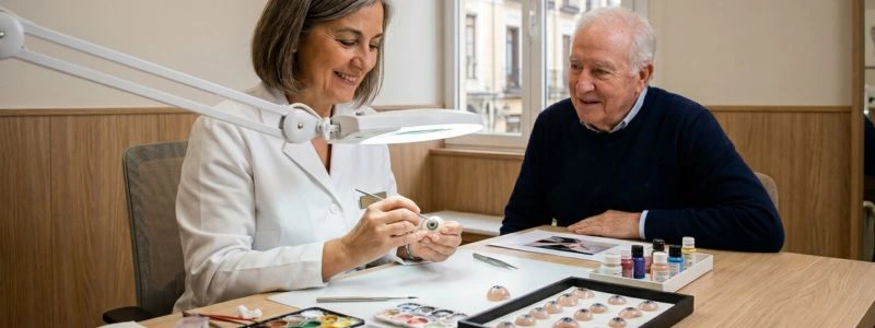 Una especialista en bata blanca trabaja meticulosamente en el diseño de una pieza junto a un paciente sonriente, en un centro especializado en prótesis oculares en Madrid.