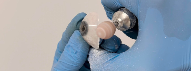 Primer plano de unas manos con guantes médicos azules puliendo los bordes de una prótesis ocular realista utilizando una herramienta rotatoria.